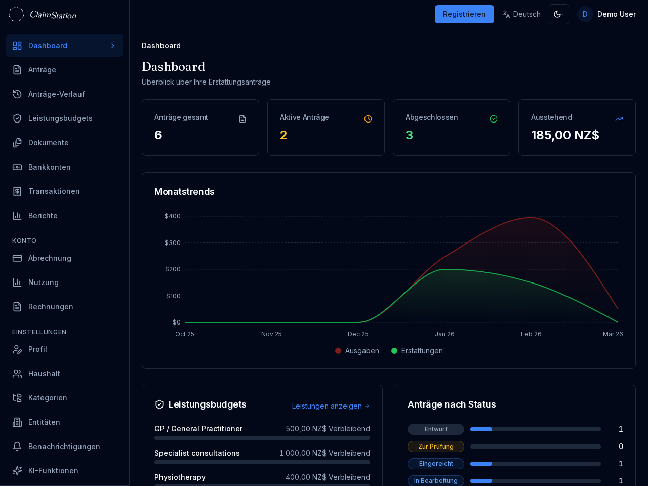 ClaimStation-Dashboard mit Ansprüche-Übersicht